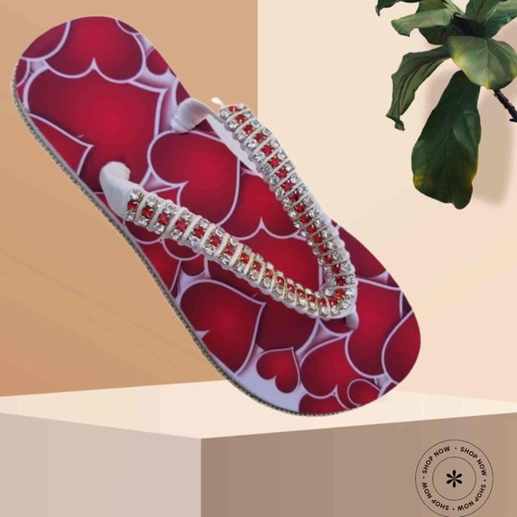 Women's Luxury Flip Flops with hearts, crystals and rhinestones, all occasions. - Picture 3 of 17